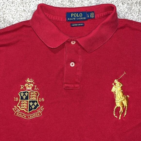 Red Gold Big Pony Polo Ralph Lauren Golf Polo Tennis Shirt L Custom Slim w/Crest - Picture 1 of 6